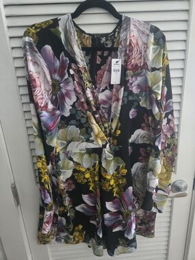Express Black Floral V-Neck Shorts  with Pink and Yellow Blooms- One Piece